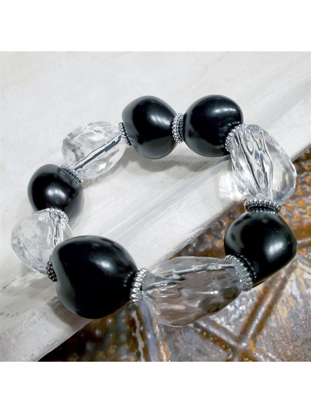 Bold Chunky Faceted Clear Lucite and Nugget Black Kukui Nut Stretch Bracelet